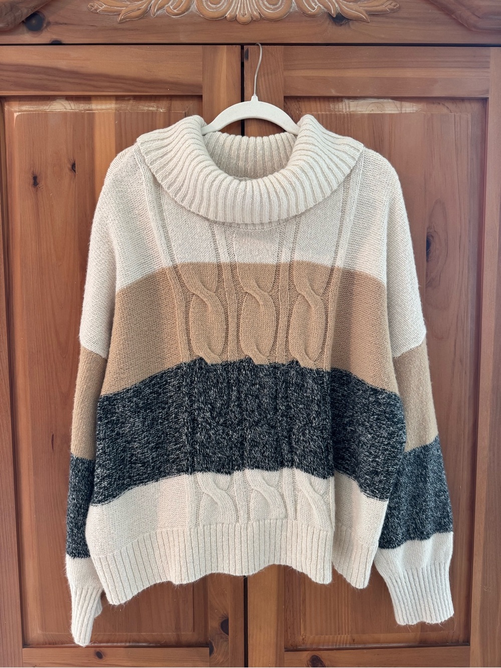 Lane Bryant Cream, Tan & Charcoal Colorblock Cable Turtleneck Sweater